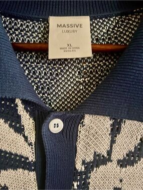 Massive Luxury XL Blue Cream Floral Open Knit Button Front Polo Shirt